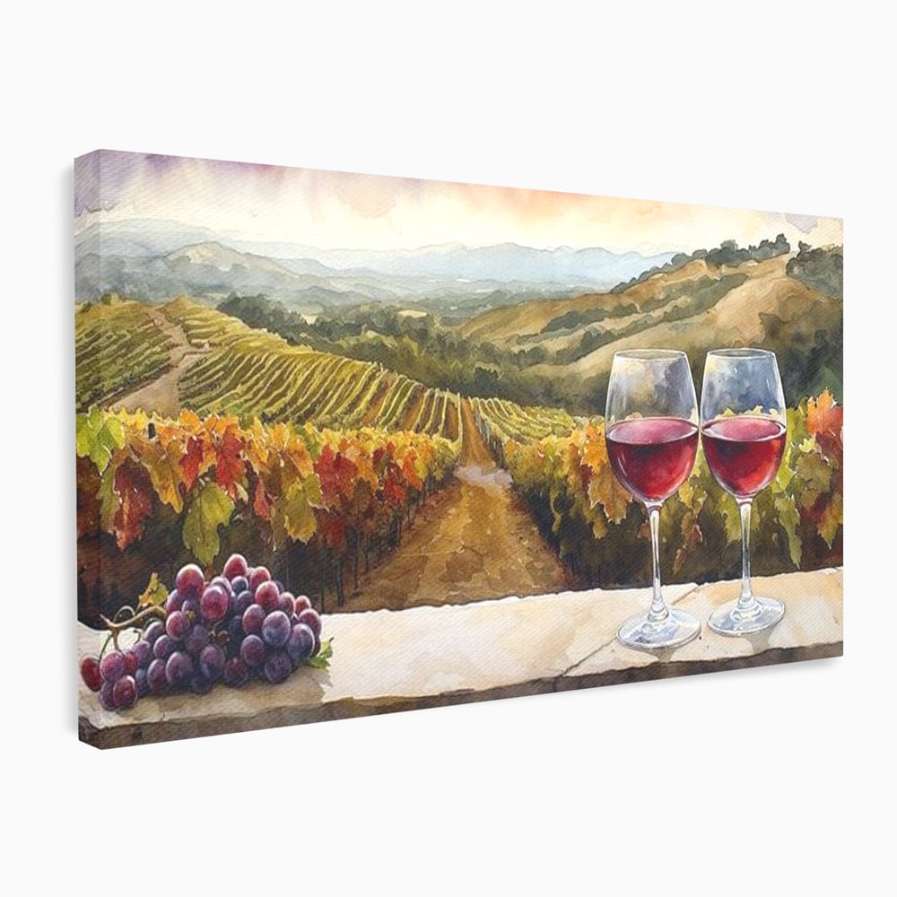 Tablou canvas cu tablou canvas cu peisaj viticol si pahare de vin, fara rama, pe sasiu de lemn